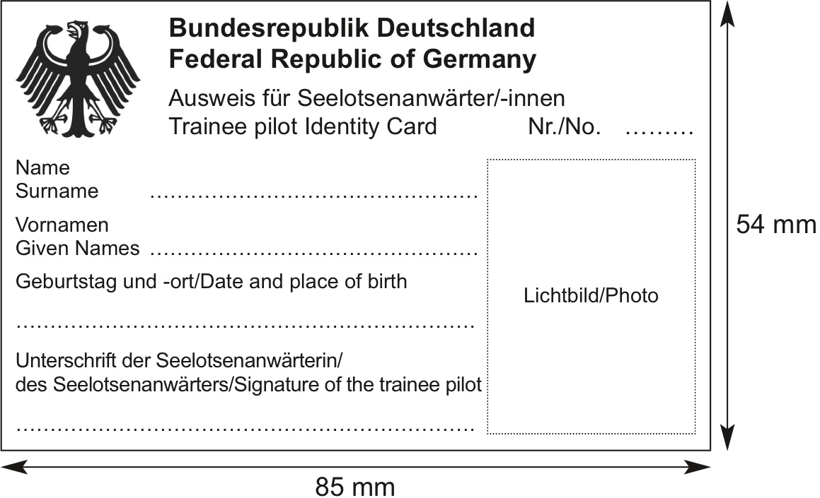 Musterabbildung von der Vorderseite des Ausweises für eine Seelotsenanwärterin oder einen Seelotsenanwärter.