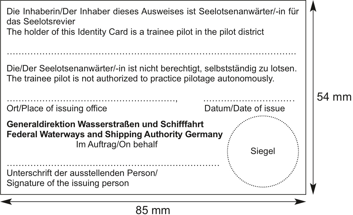 Musterabbildung von der Rückseite des Ausweises für eine Seelotsenanwärterin oder einen Seelotsenanwärter.