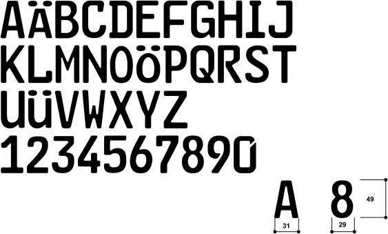 Es werden beispielhaft alle Buchstaben des Alphabets nebst Umlauten in verkleinerter Mittelschrift Höhe 49 mm in schwarz sowie alle Zahlen von 1 bis 0 einschließlich der 0 dargestellt. Darunter werden beispielhaft der Buchstabe A sowie die Zahl 8 mit Bemaßung dargestellt. Der Buchstabe A ist 31 mm breit und die Zahl 8 29 mm.