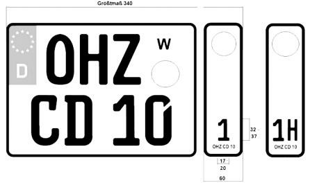 Es wird beispielhaft ein zweizeiliges Wechselkennzeichen dargestellt. Das Kennzeichen besteht aus zwei Teilen, einem gemeinsamen Kennzeichenteil und einem fahrzeugbezogenen Teil. Das Größtmaß für beide Teile beträgt 340 mm. Der abgebildete gemeinsame Kennzeichenteil hat einen schwarzen Rand mit abgerundeten Kanten. Innerhalb des Kennzeichens sind in einer ersten Zeile von links nach rechts das Eurofeld, die Buchstaben OHZ und das Feld für die Stempelplakette angebracht. Oberhalb des Feldes für die Stempelplakette befindet sich die Kennzeichnung W. Nachfolgend sind in der zweiten Zeile die Buchstaben CD und die Ziffern 1 und 0 abgebildet. Die übrigen Abmessungen des dargestellten gemeinsamen Kennzeichenteils entsprechen denen der allgemeinen Kennzeichen. Daneben befinden sich zwei beispielhafte Abbildungen eines kurzen fahrzeugbezogenen Kennzeichenteils mit teilweiser Bemaßung. Dieses ist ebenso hoch wie der gemeinsame Kennzeichenteil und 60 mm breit. Die Ecken sind abgerundet. Der Rand des kurzen fahrzeugbezogenen Kennzeichenteils ist schwarz. Auf der ersten Abbildung des kurzen fahrzeugbezogenen Kennzeichenteils ist das Feld für die HU-Plakette angebracht. Darunter ist die Ziffer 1 abgebildet. Unterhalb dessen ist in kleiner Schrift die Zeichenkombination OMZCD10 abgebildet. Die zweite Abbildung des kurzen fahrzeugbezogenen Kennzeichenteils ist identisch, mit dem Unterschied, dass unterhalb des Feldes für die HU-Plakette die Ziffer 2 und die Zahl 1 und der Buchstabe H abgebildet sind. Unterhalb dessen ist in kleiner Schrift die Zeichenkombination OMZCD10 abgebildet.