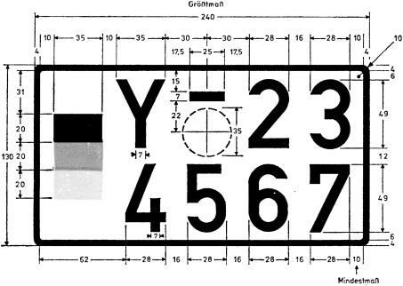 Es wird beispielhaft das Kennzeichen der Bundeswehr für Leichtkrafträder und Kleinkrafträder mit Bemaßung dargestellt. Dieses hat ein Größtmaß von 240 mm und ist 130 mm hoch. Es hat einen schwarzen Rand, der leicht abgerundet ist. Auf der rechten Seite ist in einem Abstand von 10 mm zum rechten Rand und in einem Abstand von 31 mm zum oberen und unteren Rand die deutsche Flagge dargestellt. Diese ist 35 mm breit und die einzelnen 3 Balken der Flagge sind jeweils 20 mm hoch. In einem Abstand von 10 mm dazu folgt in der ersten oberen Zeile des Kennzeichens der Buchstabe Y, gefolgt von einem 25 mm langen Bindestrich, unter dem ein Feld für die Stempelplakette abgebildet ist. Das Feld für die Stempelplakette hat einen Durchmesser von 35 mm. Links daneben folgen die Zahlen 2 und 3. In der zweiten Zeile sind von links nach rechts die Zahlen 4, 5, 6 und 7 angeordnet. Die Zahlen haben jeweils eine Höhe von 49 mm und eine Breite vom 28 mm. Die Abstände zwischen den einzelnen Zahlen betragen jeweils 16 mm.