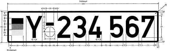 Es wird beispielhaft das einzeilige Kennzeichen der Bundeswehr für andere Kraftfahrzeuge und Anhänger mit Bemaßung dargestellt. Dieses hat ein Größtmaß von 520 mm. Es hat einen schwarzen Rand, der leicht abgerundet ist. Auf der unteren rechten Seite ist die deutsche Flagge mit einer Breite von 60 mm dargestellt. Die einzelnen 3 Balken der Flagge sind jeweils 20 mm hoch. In einem Abstand von 10 mm dazu folgt in der ersten oberen Zeile des Kennzeichens der Buchstabe Y, gefolgt von einem 25 mm langen Bindestrich, unter dem ein Feld für die Stempelplakette abgebildet ist. Links daneben folgen die Zahlen 2 bis 4 in einem Abstand von 10 mm zueinander. In einem größeren Abstand dazu schließen sich die Zahlen 5 bis 7 ebenfalls mit einem Abstand von 10 mm zueinander an.