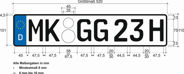Es wird beispielhaft ein einzeiliges Oldtimerkennzeichen nebst Bemaßung dargestellt. Das Kennzeichen weist ein Größtmaß von 520 mm auf und ist 110 mm hoch. Die Ecken sind abgerundet. Der Rand des Kennzeichens ist schwarz. An der linken Seite des Kennzeichens befindet sich ein Euro-Feld, wie bereits zuvor beschrieben. Rechts daneben sind die Buchstaben MK in schwarzer Mittelschrift, wie bereits zuvor beschrieben, abgebildet. Das Mindestmaß für den Abstand zwischen dem Eurofeld und den Buchstaben MK beträgt 8 mm. Neben des Buchstaben MK sind die vorgesehenen Felder für die Plaketten abgebildet. Die Felder für die Plaketten sind rund. Das kleinere mit einem Durchmesser von 35 mm ist oberhalb des größeren angesiedelt, welches einen Durchmesser von 45 mm hat. Rechts daneben sind die Buchstaben GG in schwarzer Mittelschrift, wie bereits zuvor beschrieben, abgebildet. Der Abstand zwischen den Buchstaben beträgt zwischen 8 bis 10 mm. In einem Abstand von 20 bis 30 mm schließt sich Zahlen-Buchstabenfolge 23H in schwarzer Mittelschrift an. Der Abstand zwischen den einzelnen Ziffern beträgt ebenfalls zwischen 8 bis 10 mm. Der Abstand zwischen der 3 und dem H beträgt zwischen 20 und 30 mm.