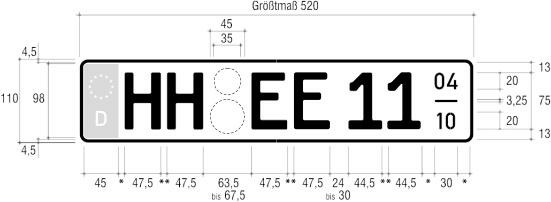 Es wird beispielhaft ein einzeiliges Saisonkennzeichen nebst Bemaßung dargestellt. Das Kennzeichen weist ein Größtmaß von 520 mm auf und ist 110 mm hoch. Die Ecken sind abgerundet. Der Rand des Kennzeichens ist schwarz. An der linken Seite des Kennzeichens befindet sich ein Euro-Feld, wie bereits zuvor beschrieben. Rechts daneben sind die Buchstaben HH in schwarzer Mittelschrift, wie bereits zuvor beschrieben, abgebildet. Das Mindestmaß für den Abstand zwischen dem Eurofeld und den Buchstaben HH beträgt 8 mm. Neben den Buchstaben HH sind die vorgesehenen Felder für die Plaketten abgebildet. Die Felder für die Plaketten sind rund. Das kleinere mit einem Durchmesser von 35 mm ist oberhalb des größeren angesiedelt, welches einen Durchmesser von 45 mm hat. Rechts daneben sind die Buchstaben EE in schwarzer Mittelschrift abgebildet. Der Abstand zwischen den Buchstaben beträgt zwischen 8 bis 10 mm. In einem Abstand von 24 bis 30 mm schließen sich die Zahlen 11 in schwarzer Mittelschrift an. Der Abstand zwischen den einzelnen Ziffern beträgt zwischen 8 bis 10 mm. Abschließend ist das Feld für den Betriebszeitraum angegeben. Dieses ist 30 mm breit und insgesamt 75 mm hoch. Die Ziffern 0 und 4 sind über dem Bindestrich angesiedelt und 20 mm hoch. Danach folg ein Bindestrich. Unterhalb des Bindestrichs sind die Ziffern 1 und 0 aufgeführt.