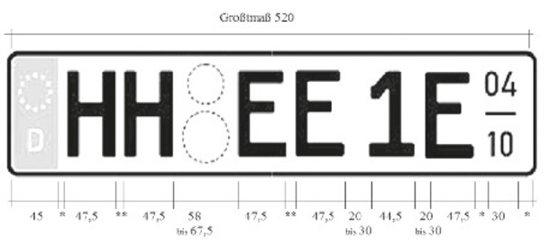 Es wird beispielhaft ein einzeiliges Saisonkennzeichen für Elektrofahrzeuge nebst Bemaßung dargestellt. Das Kennzeichen weist ein Größtmaß von 520 mm auf und ist 110 mm hoch. Die Ecken sind abgerundet. Der Rand des Kennzeichens ist schwarz. An der linken Seite des Kennzeichens befindet sich ein Euro-Feld, wie bereits zuvor beschrieben. Rechts daneben sind die Buchstaben HH in schwarzer Mittelschrift, wie bereits zuvor beschrieben, abgebildet. Das Mindestmaß für den Abstand zwischen dem Eurofeld und den Buchstaben HH beträgt 8 mm. Neben den Buchstaben HH sind die vorgesehenen Felder für die Plaketten abgebildet. Die Felder für die Plaketten sind rund. Das kleinere mit einem ist oberhalb des größeren angesiedelt. Rechts daneben sind die Buchstaben EE in schwarzer Mittelschrift abgebildet. Der Abstand zwischen den Buchstaben beträgt zwischen 8 bis 10 mm. In einem Abstand von 20 bis 30 mm schließen sich die Zahl 1 und der Buchstabe E an. Der Abstand zwischen ihnen beträgt 20 bis 30 mm. Abschließend ist das Feld für den Betriebszeitraum angegeben. Dieses ist 30 mm breit. Die Ziffern 0 und 4 sind über dem Bindestrich angesiedelt. Danach folgt ein Bindestrich. Unterhalb des Bindestrichs sind die Ziffern 1 und 0 aufgeführt.