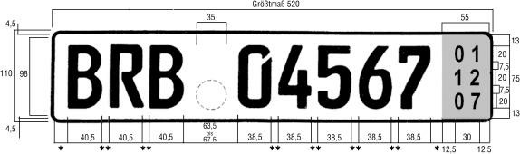 Es wird beispielhaft ein einzeiliges verkleinertes Kurzzeitkennzeichen nebst Bemaßung dargestellt. Das Kennzeichen weist ein Größtmaß von 520 mm auf und ist 110 mm hoch. Die Ecken sind abgerundet. Der Rand des Kennzeichens ist schwarz. An der linken Seite des Kennzeichens befinden sich die der Buchstaben BRB mit einer Breite von jeweils 40,5 mm. Der Abstand zwischen den Buchstaben beträgt 8 bis 10 mm. Rechts daneben befindet sich das Feld für die Stempelplakette. Dieses ist rund und hat einen Durchmesser von 35 mm. Rechts daneben sind die Ziffern 045675 abgebildet. Die einzelnen Ziffern haben eine Breite von 38,5 mm und einen Abstand von 8 bis 10 mm zueinander. In einem Abstand von mindestens 8 mm zur letzten Ziffer schließt sich das Feld für das Ablaufdatum an. Das Feld ist 55 mm breit und auf der Abbildung grau schattiert. Es besteht aus drei Zeilen. Die Ziffern in den Zeilen sind jeweils 20 mm hoch. Die Zeilen haben jeweils einen Abstand von 7,5 mm zueinander. In der ersten Zeile sind die Ziffern 01 abgebildet. In der zweiten Zeile sind die Ziffern 12 abgebildet. In der dritten Zeile sind die Ziffern 07 abgebildet.