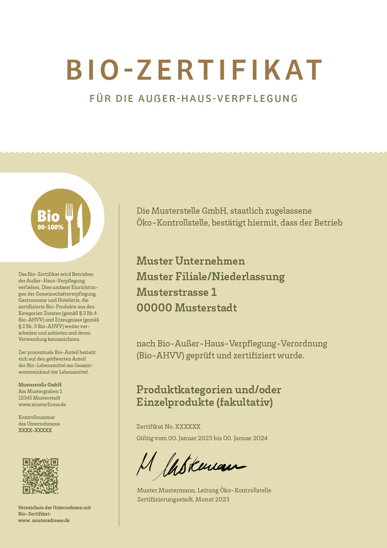 Musterzertifikat für Unternehmen bei Auszeichnung eines Bio-Anteils von 90 bis 100 % mit AHV-Kennzeichen in goldener Farbe.