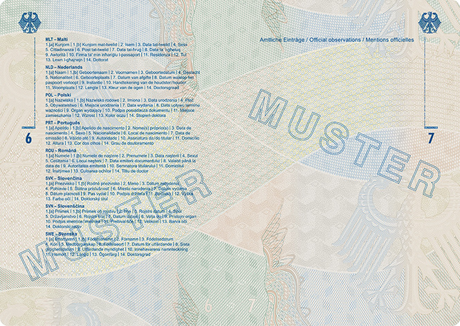 Abbildung der Passbuchinnenseiten 6 und 7 des Reiseausweises für Ausländer