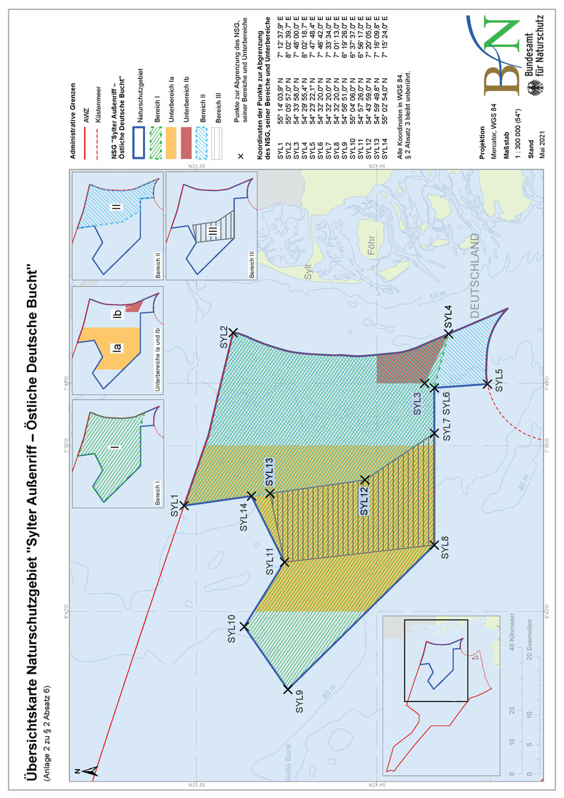 Die Übersichtskarte stellt die Abgrenzung des Naturschutzgebietes „Sylter Außenriff – Östliche Deutsche Bucht“, seiner Bereiche und Unterbereiche dar.