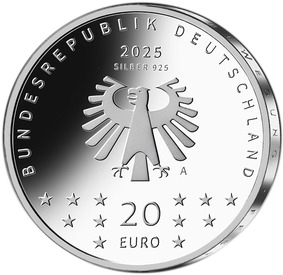 Der zentral platzierte Adler ergänzt auf würdige Weise das Motiv. Neben dem Adler sind der Schriftzug „BUNDESREPUBLIK DEUTSCHLAND“, die Wertziffer und Wertbezeichnung, das Prägezeichen „A“ der Staatlichen Münze Berlin, die Jahreszahl 2025 sowie die zwölf Europasterne zu sehen. Zusätzlich ist die Angabe „SILBER 925“ aufgeprägt.