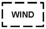 Abgebildet ist ein auf der langen Seite liegendes, weiß ausgefülltes Rechteck, dessen Rand eine gestrichelte Linie bildet. Die einzelnen Striche sind schwarz, dick und langgezogen, die Abstände dazwischen sind klein. In dem Rechteck steht in schwarzen Großbuchstaben das Wort „WIND“.