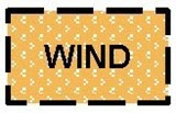 Abgebildet ist ein auf der langen Seite liegendes, orange ausgefülltes Rechteck, dessen Rand eine gestrichelte Linie bildet. Die einzelnen Striche sind schwarz, dick und langgezogen, die Abstände dazwischen sind klein. In dem Rechteck steht in schwarzen Großbuchstaben das Wort „WIND“. Die Fläche des Rechtecks ist im Hintergrund mit zehn waagerechten Reihen von jeweils circa acht kleinen, weißen Pfeilspitzen ohne Schaft ausgefüllt. Die Pfeilspitzen einer Reihe zeigen einheitlich nach links oder rechts, wobei sich die Richtung je Reihe abwechselt. Die Pfeilspitzen benachbarter Reihen sind seitlich versetzt zueinander angeordnet.