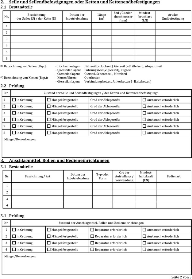 Die Abbildung zeigt das Muster für ein Abnahmeprotokoll zur Prüfung von seil- und kettengebundenen Fähren. Abgebildet ist Seite 2.