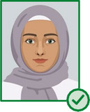 Illustration einer Person mit Kopftuch, bei der das Gesicht von der Kinnkante bis zur Stirn sichtbar ist.