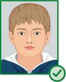 Illustration eines Kindes mit dunkelblonden Haaren, das frontal in die Kamera blickt.