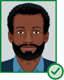 Illustration einer bärtigen Person mit geradem und mittig positioniertem Kopf.