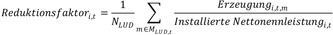 Reduktionsfaktor mit den Indizes i und t entspricht dem Bruch aus 1 im Zähler und N mit Index LUD im Nenner, multipliziert mit der Summe über alle Ereignisse m aus der Menge M mit Index LUD Komma t des Bruchs aus Erzeugung (mit den Indizes i, t und m) im Zähler und installierter Nettonennleistung (mit den Indizes i und t) im Nenner