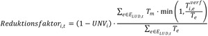 Reduktionsfaktor mit den Indizes i und t entspricht dem Produkt aus (1 minus tNV mit dem Index i) und einem Bruch. Im Zähler des Bruchs steht die Summe über alle Ereignisse e aus der Menge E mit dem Index LUD Komma t von T mit dem Index e, multipliziert mit dem Minimum aus 1 und dem Bruch aus T hoch verf (Indizes i, e) durch T mit dem Index e. Im Nenner steht die Summe über dieselben Ereignisse e von T mit dem Index e.