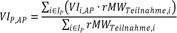 VI mit den Indizes P und AP entspricht einem gewichteten Mittelwert: im Zähler die Summe über alle Bausteine i aus der Menge I Unterstrich P des Produkts aus VI (Indizes i, AP) und rMW Teilnahme (Index i); im Nenner die Summe über dieselben Bausteine i von rMW (Indizes Teilnahme, i).