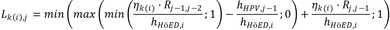 L mit den Indizes k(i) und j ist das Ergebnis einer mehrfach verschachtelten Minimum-Maximum-Berechnung mit vier Termen: Zunächst wird ein innerer Bruch gebildet: eta mit dem Index k(i), multipliziert mit R mit den Indizes j minus 1 und j minus 2, im Zähler, geteilt durch h HöED mit dem Index i im Nenner. Von diesem Bruch und der Zahl 1 wird das Minimum gebildet — nennen wir dieses Zwischenergebnis A. Von A wird ein zweiter Bruch abgezogen: h HPV mit dem Index j minus 1, geteilt durch h HöED mit dem Index i. Von dieser Differenz und der Zahl 0 wird das Maximum gebildet — nennen wir dieses Zwischenergebnis B. Zu B wird ein dritter Bruch addiert: eta mit dem Index k(i), multipliziert mit R mit den Indizes j und j minus 1, im Zähler, geteilt durch h HöED mit dem Index i im Nenner. Das Gesamtergebnis L mit den Indizes k(i) und j ist schließlich das Minimum aus dieser Summe und der Zahl 1.